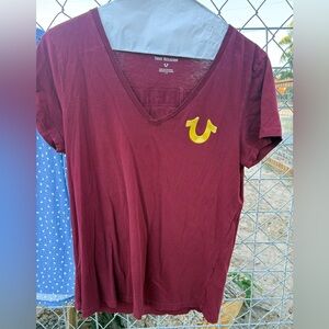 True Religion Burgundy V-Neck Tee with Yellow Logo